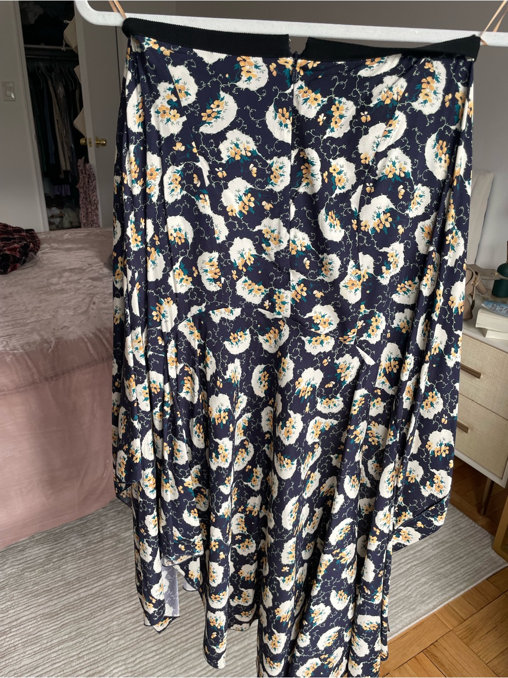 Chloe Navy High-Low Floral Skirt With White And Yellow Accents
